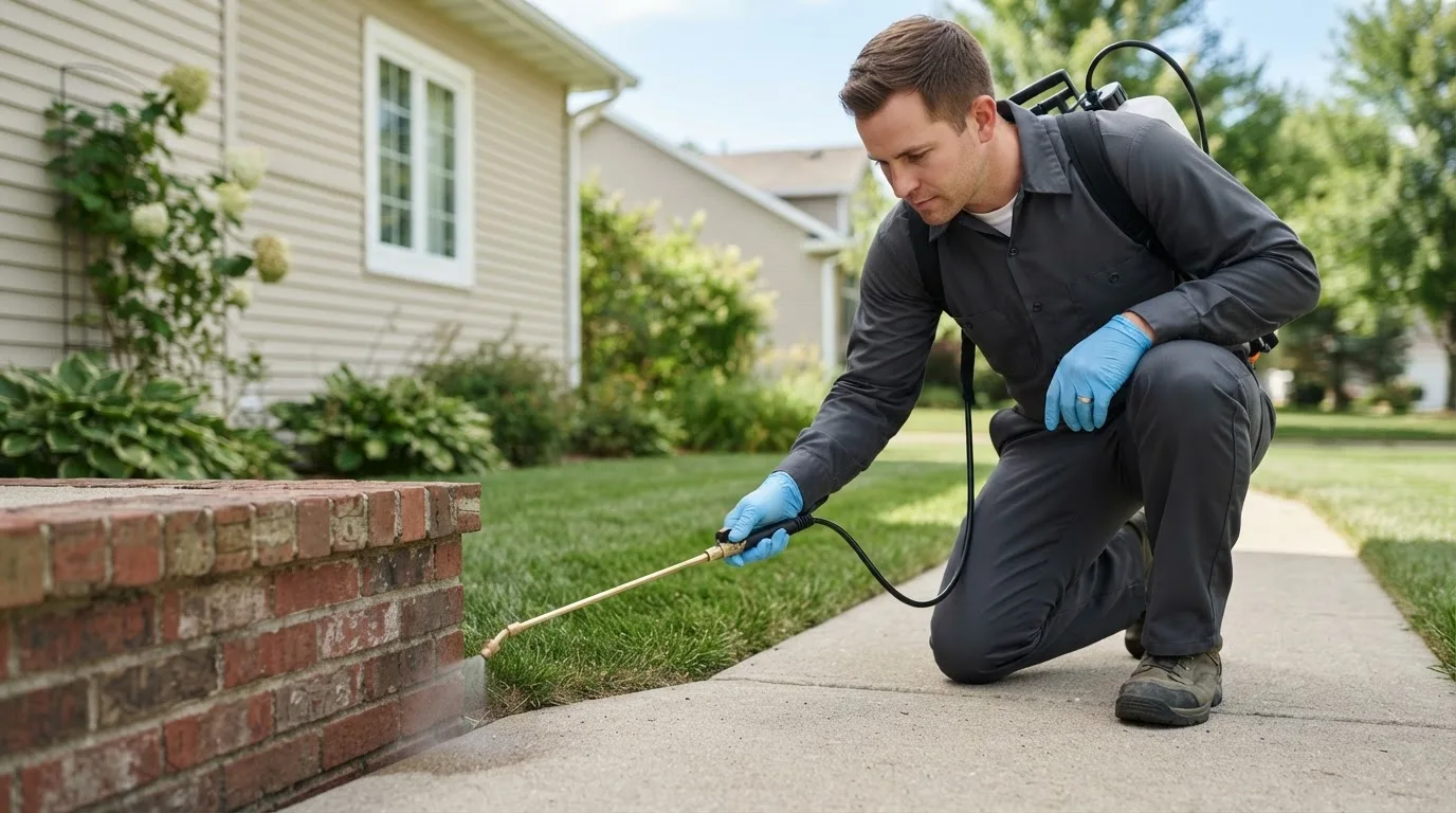 Pest control technician treating a home near Bertram, TX