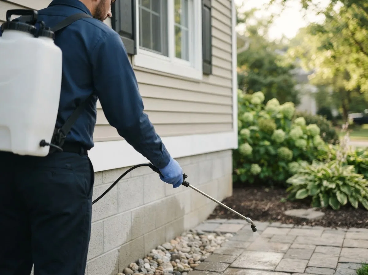 Pest control technician inspecting a home in Bertram, TX